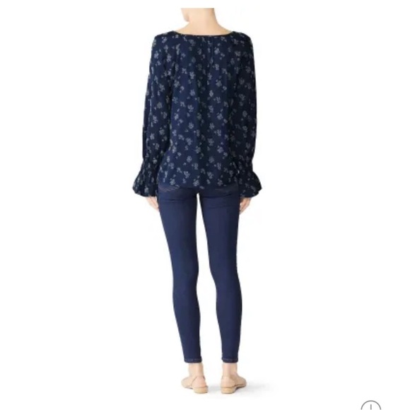 Michael Stars Pleated Front Flocking Print Navy Blue Peasant Blouse - Picture 2 of 13